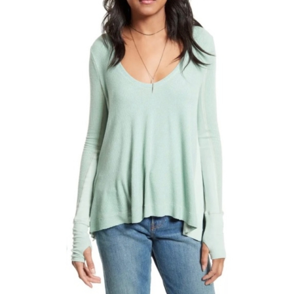 Free People Malibu Thermal Tee Long Sleeve Thumbholes Scoop Neck Sea Green S NWT